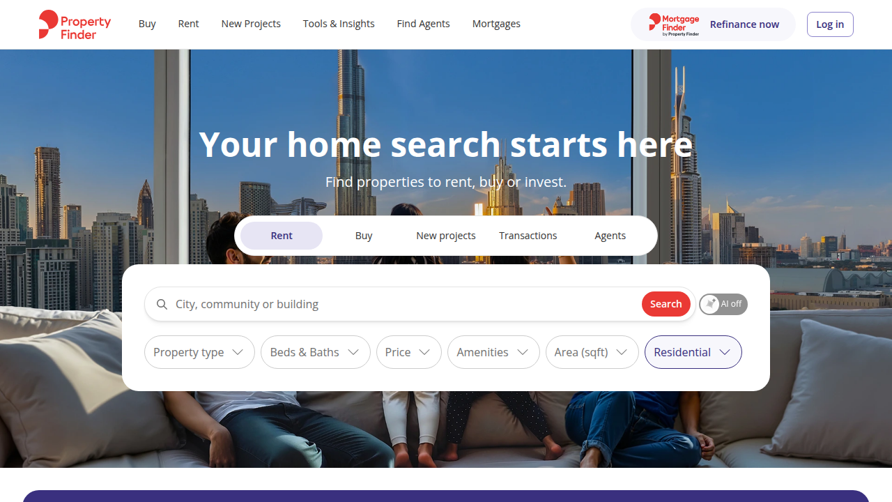 A screenshot of Property Finder's homepage, a leading online portal for real estate listings in Dubai.