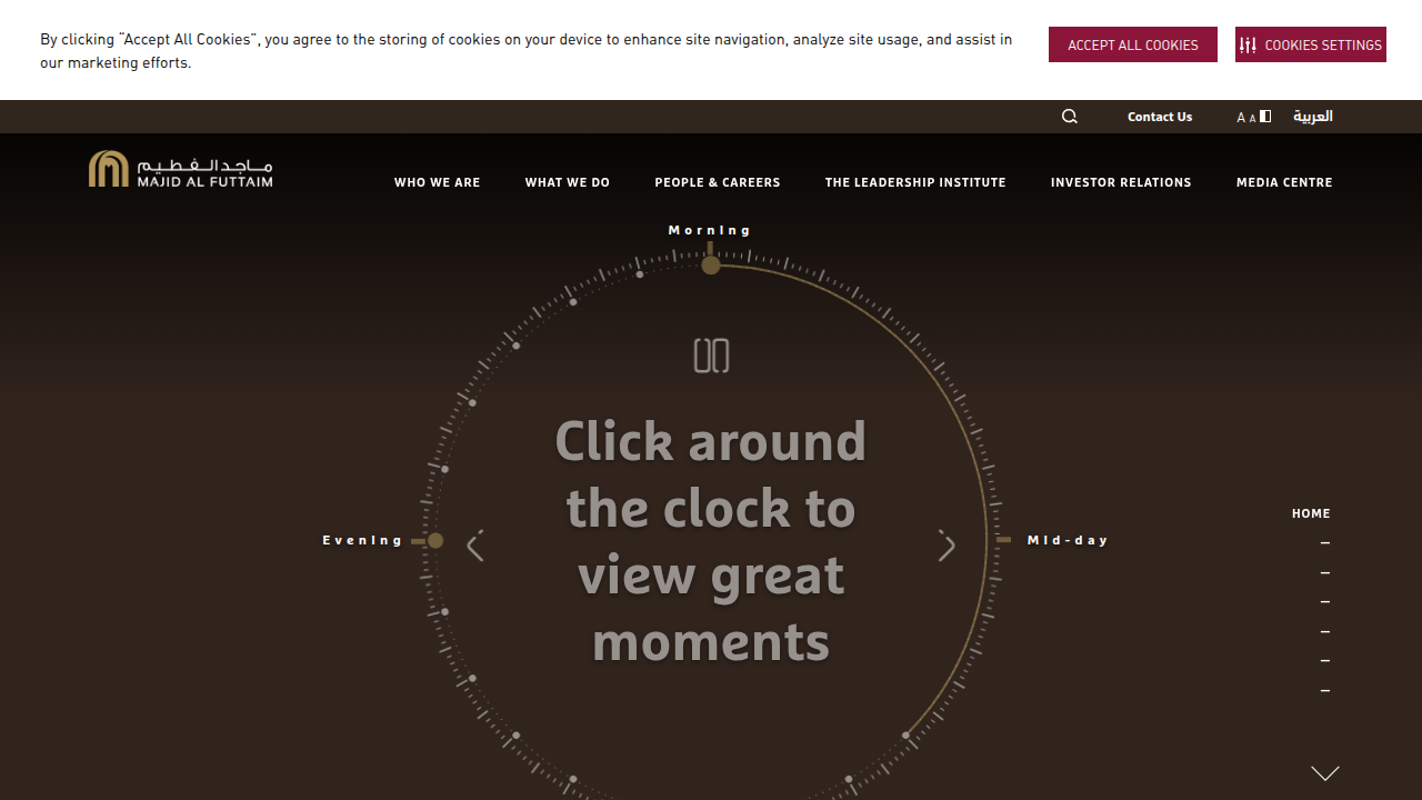 Screenshot of Majid Al Futtaim's official website, highlighting their real estate projects and corporate presence.