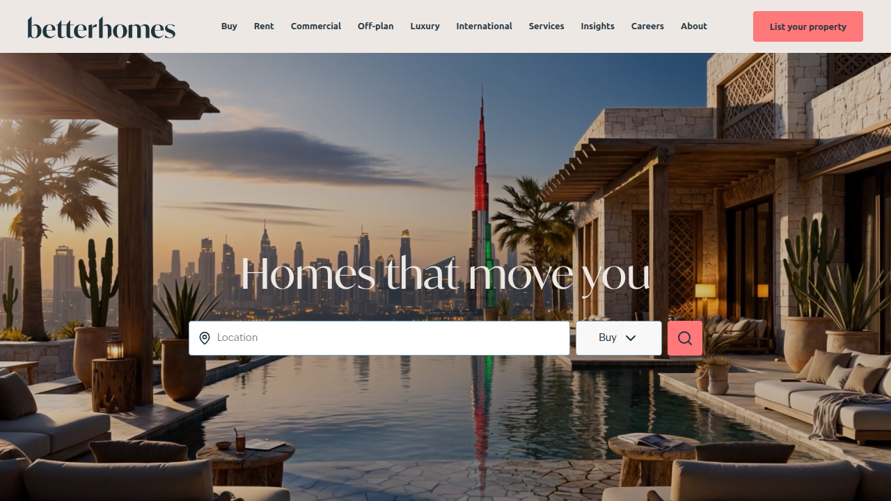 Screenshot of Betterhomes website, a major real estate brokerage offering area guides and property listings in Dubai.