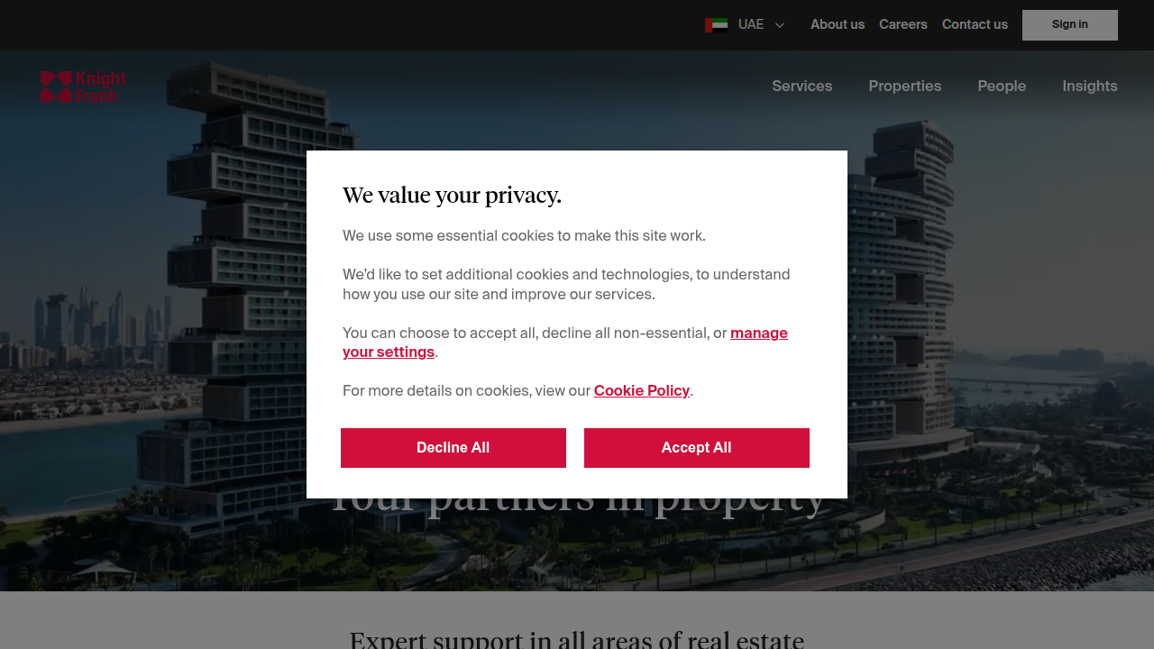 The official website of Knight Frank's Dubai office, showcasing luxury property listings.