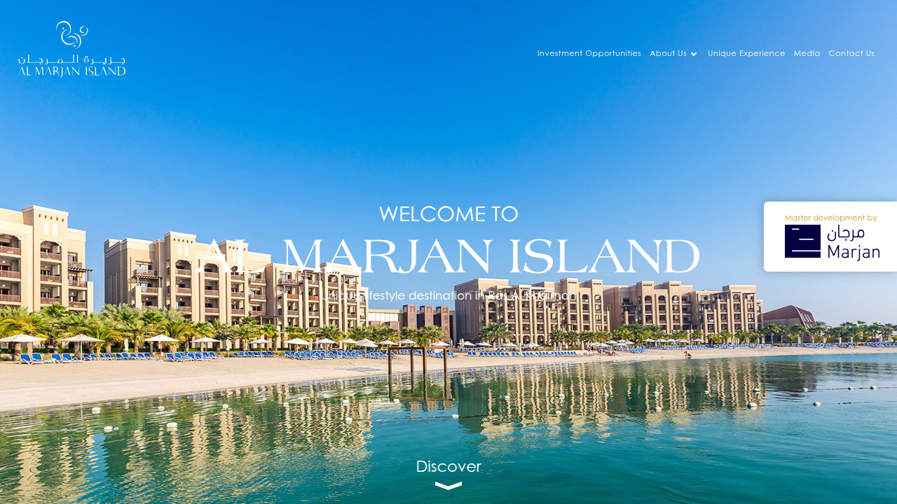 Screenshot of the official Al Marjan Island website, featuring its luxury developments and scenic waterfront.