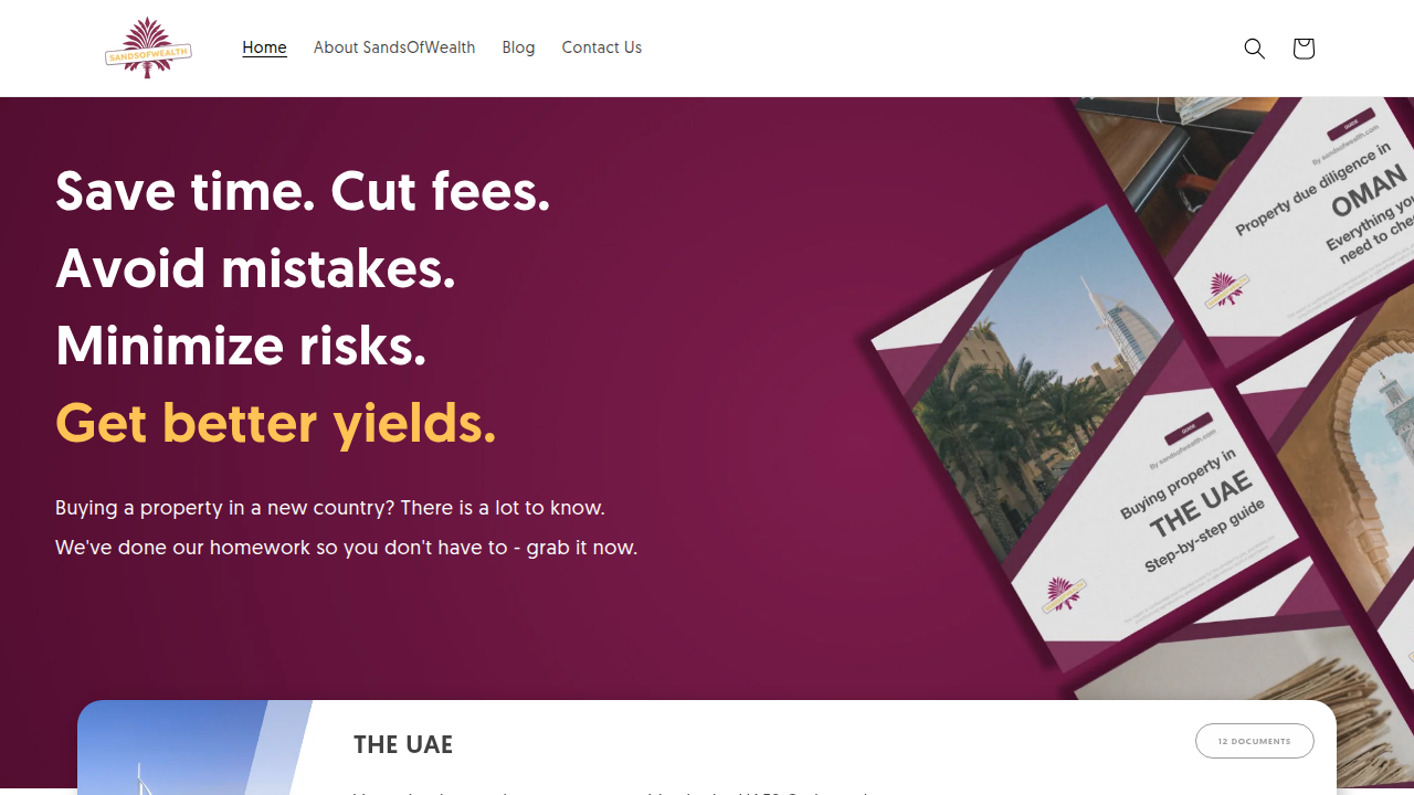A screenshot of SandsOfWealth.com, a blog providing analysis and insights on Sharjah's real estate market.