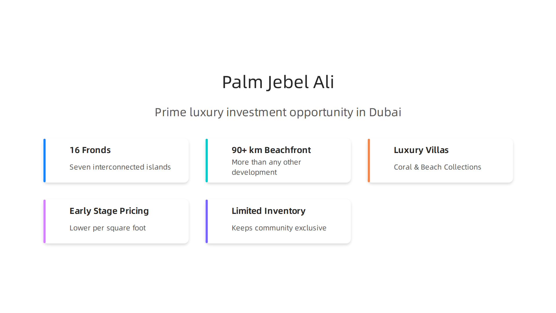 Key features positioning Palm Jebel Ali as a prime luxury investment opportunity in Dubai.