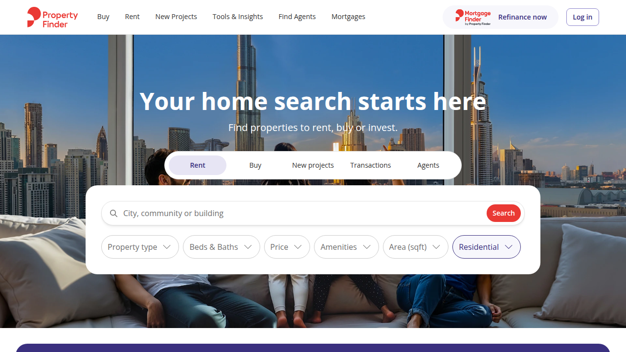 The main page of Property Finder, a leading real estate portal in Dubai.