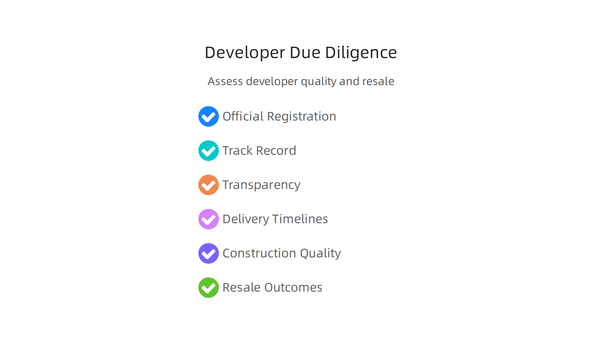 An infographic outlining essential factors to consider when conducting due diligence on a property developer in Dubai.