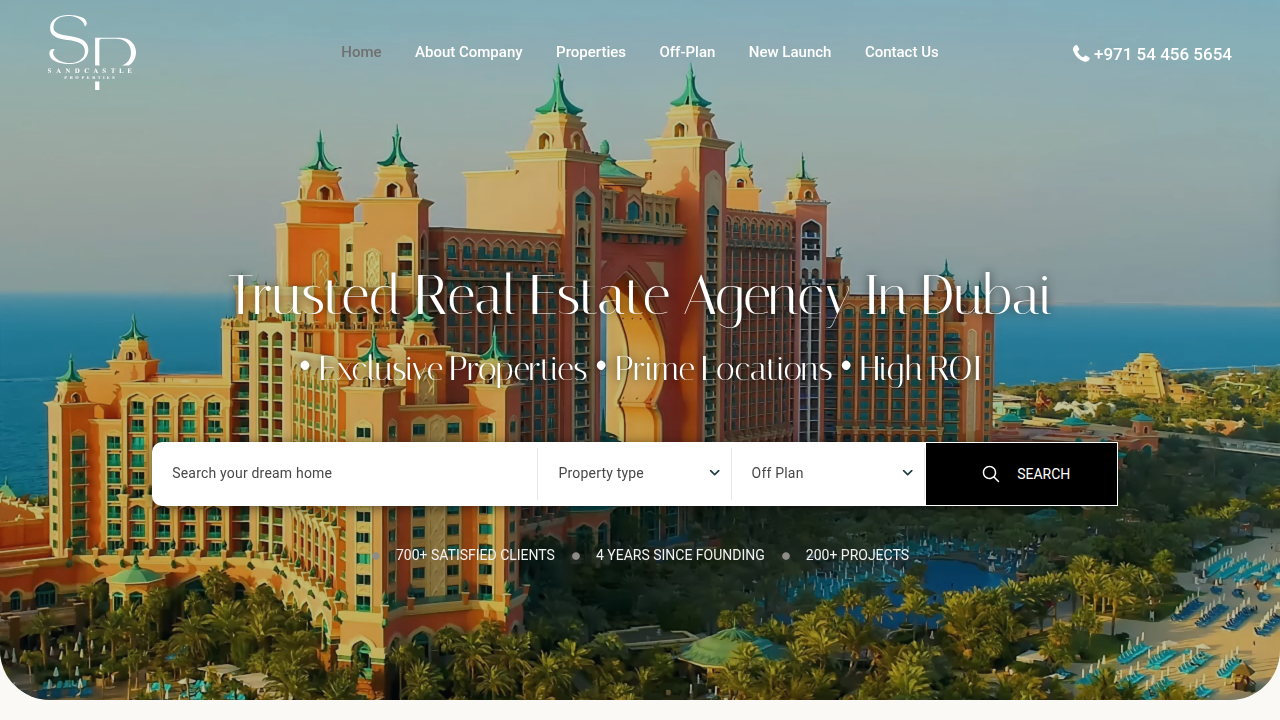 A screenshot of Sandcastle's website, a real estate firm providing insights into Dubai's property prices and market trends.