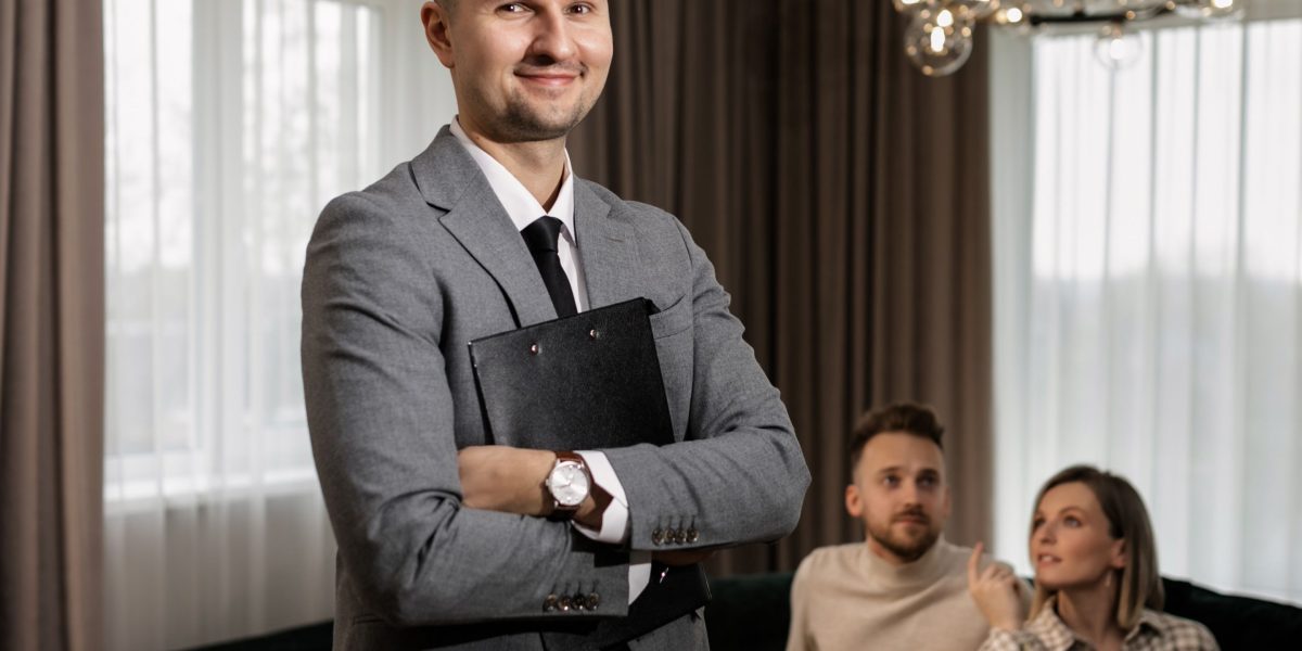 An expert real estate advisor discusses strategies and opportunities with a client in a professional, upscale environment.
