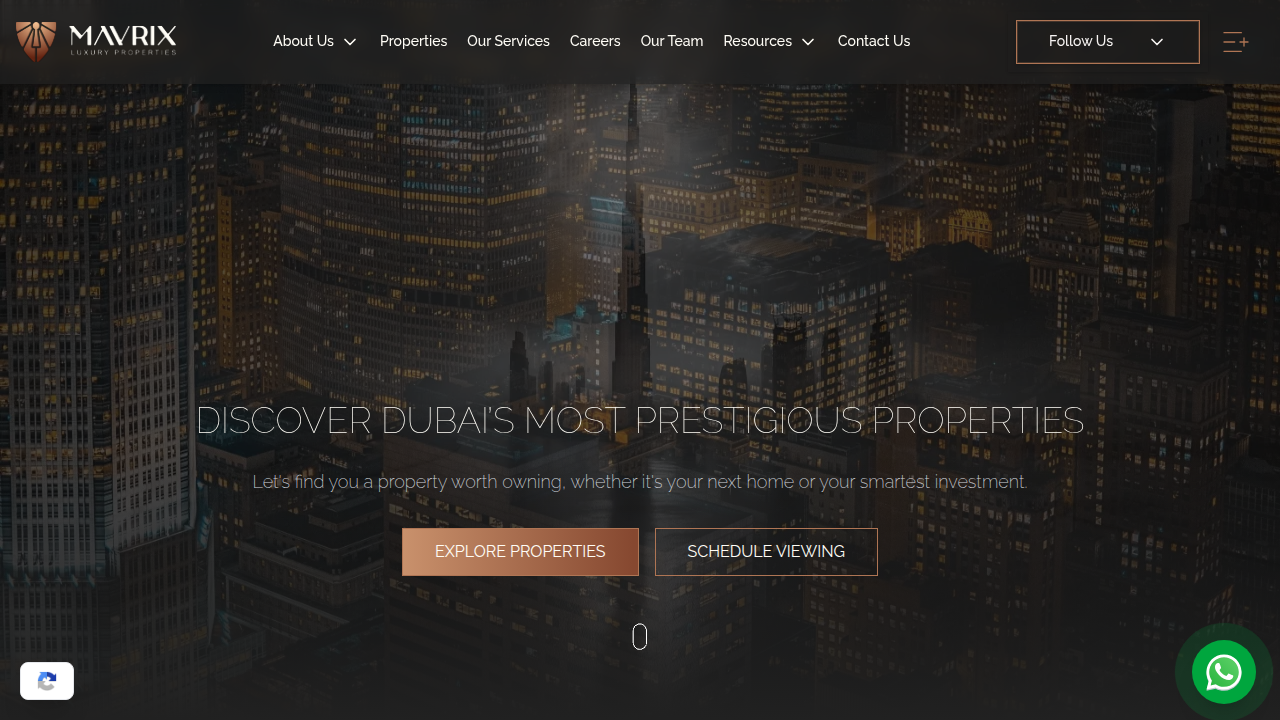 Screenshot of Mavrix Properties homepage, a source for Dubai luxury real estate market reports.