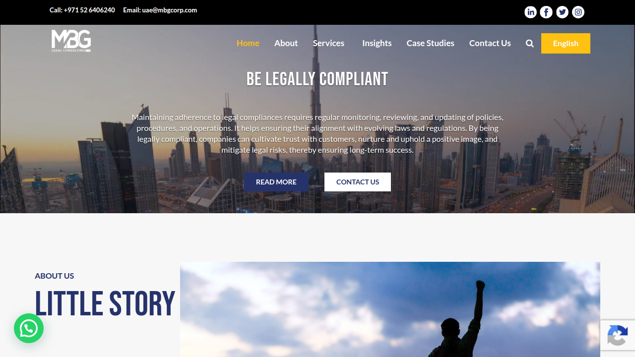 Screenshot of MBG Corp Legal homepage, an advisory on UAE real estate law.