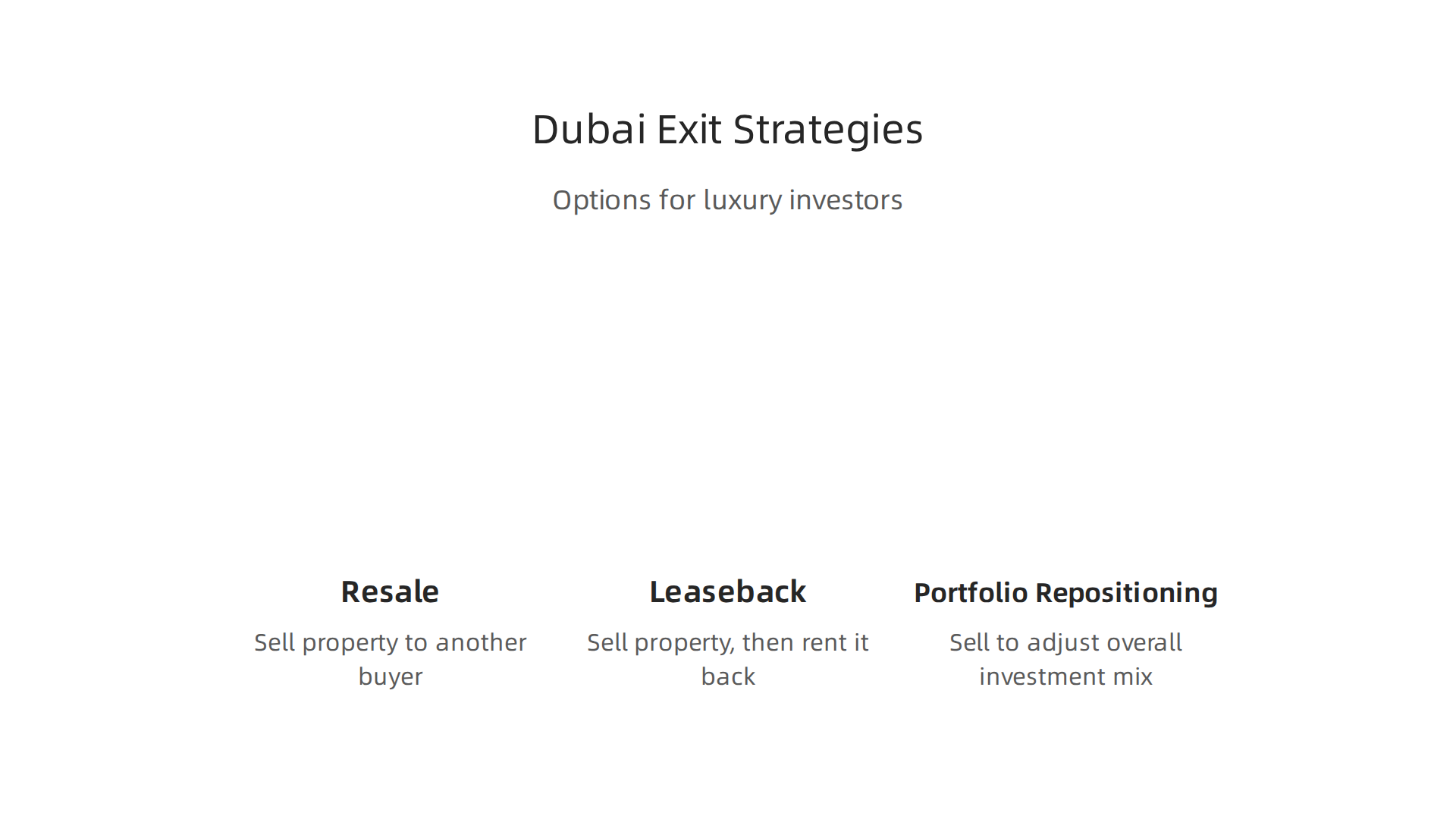 An infographic outlining various strategies for selling properties in Dubai, catering to different investor needs.