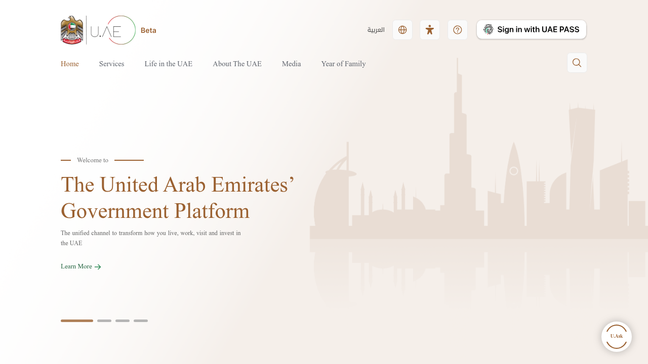 Screenshot of the official UAE government portal, offering information on expatriates buying property.