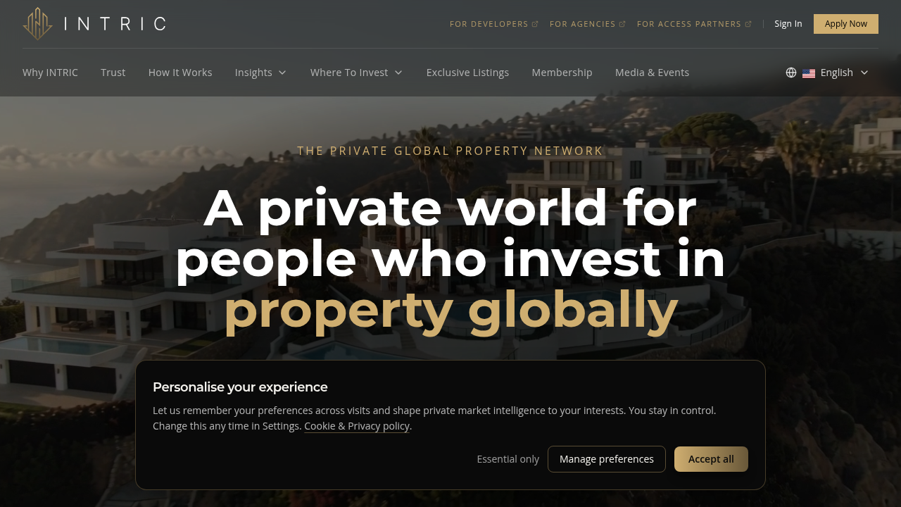 A snapshot of the Intric Global website, a resource for insights into Dubai's luxury real estate market.