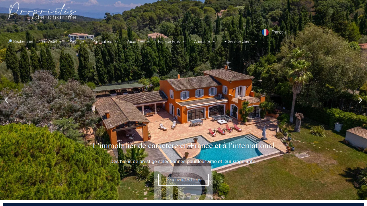 The homepage of Propriétés de Charme, highlighting its focus on luxury real estate.
