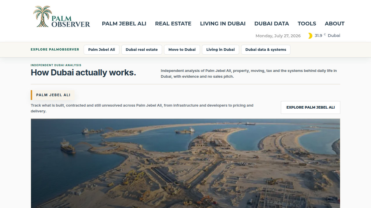 PalmObserver website, offering news and updates on major Dubai developments like Palm Jebel Ali.