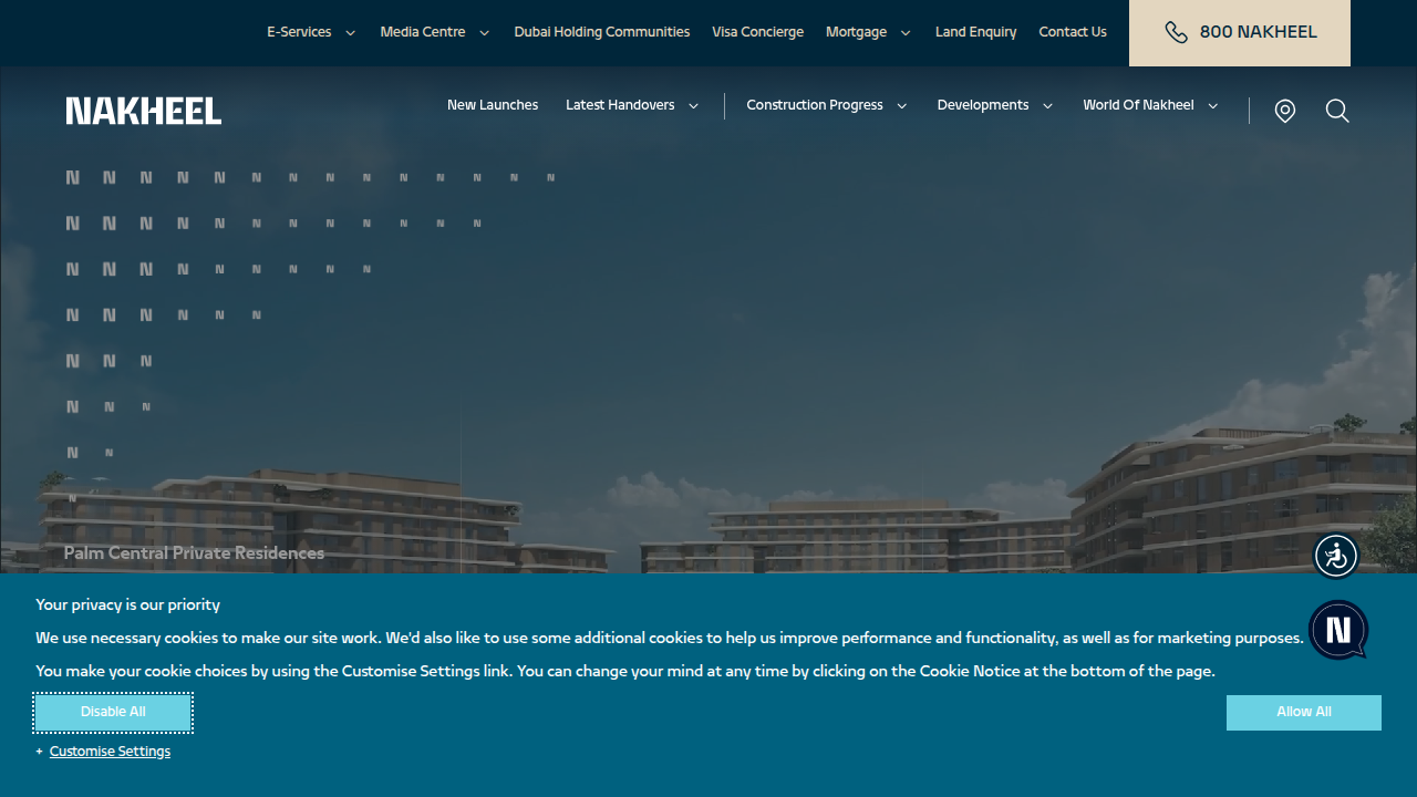 Nakheel's official website, developer of Palm Jumeirah and Palm Jebel Ali, showing their projects.